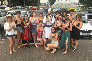 Topdeck travelers on a tour of Tirana, the capital city of Albania.