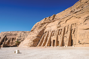 A view of the exterior of the Abu Simbel temples in Egypt.