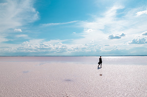 A Topdeck traveler stopping for a photo at Turkey's famous Salt Lake.