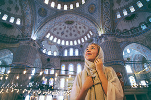 Topdeck Traveler on a walking tour of Istanbul in the Basilica Cistern.