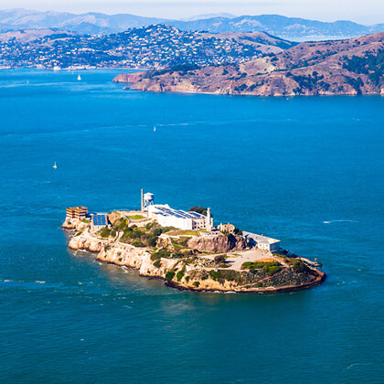 An overhead view of Alcatraz Island in San Francisco Bay.