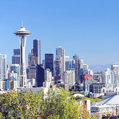 A view of the Seattle skyline with the iconic Space Needle in view.