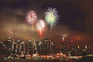 New Year's Eve fireworks booming over New York City.