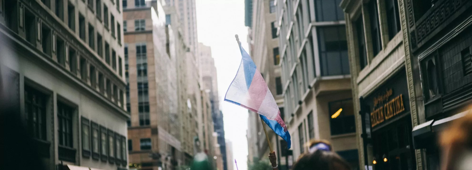 A pride march with trans and LGBTQ+ flags in the air