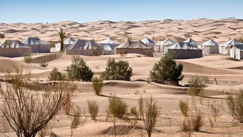 Tents set up as a camp in the Sahara Desert.