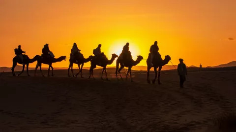 Silhouette of six people riding camels in the desert with the sun setting behind them.