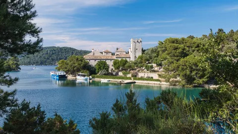 Stone building know as the Benedictine monastery on St. Mary’s Island within Mljet National Park, Croatia.