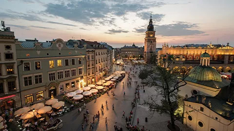 View looking down onto Main Market Square in Krakow