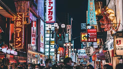 Colourful signs on Dotonbori shopping street in Osaka, Japan.