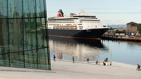 Large cruise ship docking in port.