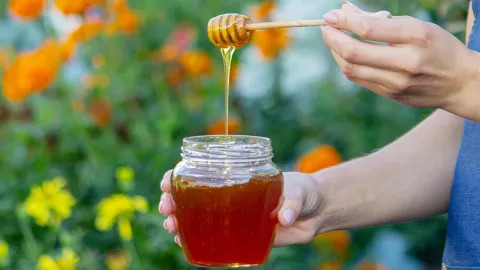 Person holding a jar of honey and a honey dipper.