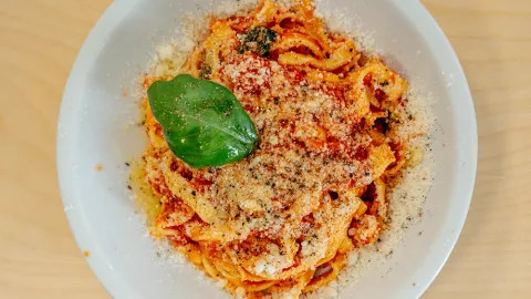 Bowl of fettuccine pasta with tomato sauce and parmesan cheese.