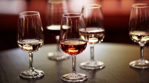 Small glasses of wine on a table for a wine tasting experience.