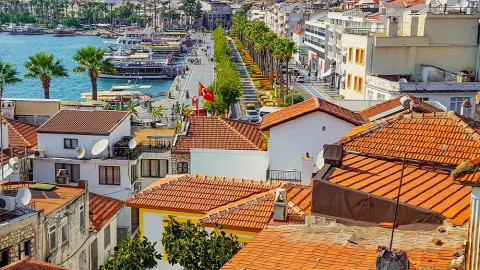 Orange tiled roofs within coastal town of Marmaris in the Turkish Riviera.