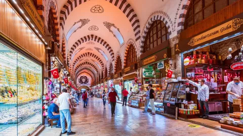 Colourful shop fronts and a detailed roof design in Istanbul’s Grand Bazaar.