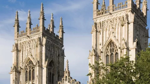 The top two towers of the York Minster cathedral in York, England.