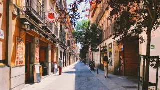 A look down Calle de las Huertas, a famous street in Madrid's Literary Quarter full of quotes of famous quotes from the works of Miguel de Cervantes engraved onto the road.