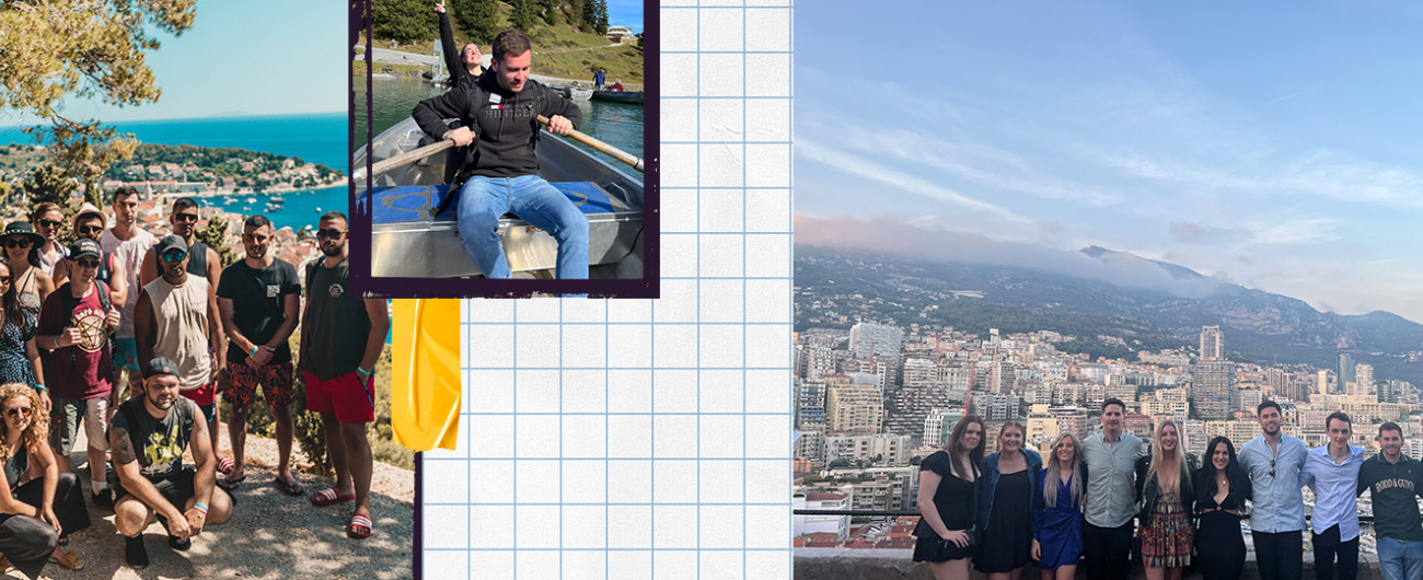 Collage of group photos taken on Get Social group tours, including a photo of a man rowing a boat.