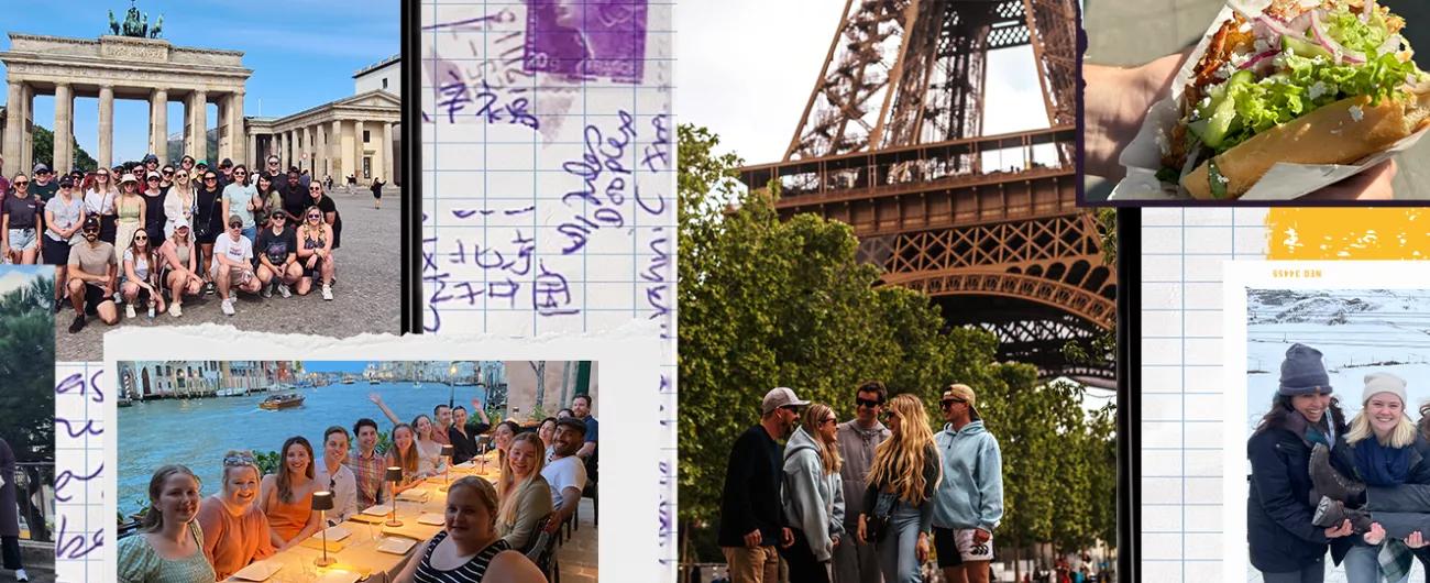 A Collage of different Topdeck travel experiences, including trips to Brandenburg Gate, the Eiffel Tower, Venice and more.