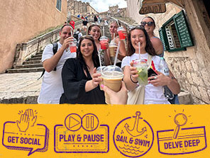 A photo of a happy Topdeck tour group, with a banner ad displaying the 4 Topdeck Trip Styles: Get Social, Play & Pause, Delve Deep and Sail & Swim.