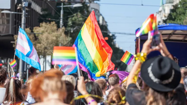 People holding up pride flags at a parade