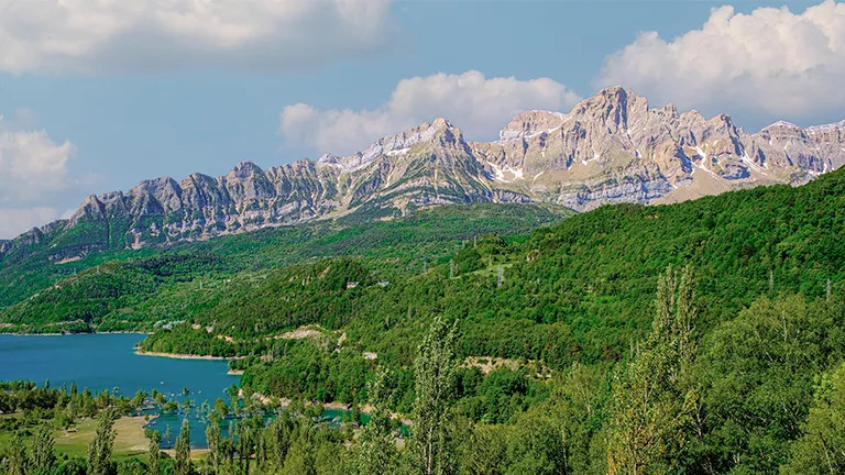 Lush tree covered landscape with rocky mountain range above.
