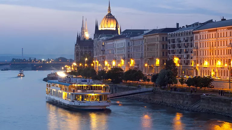 View of the river bank in Budapest at night 
