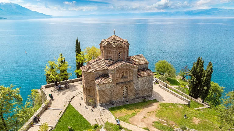 A view of Saint John Kaneo Church overlooking Lake Ohrid, North Macedonia