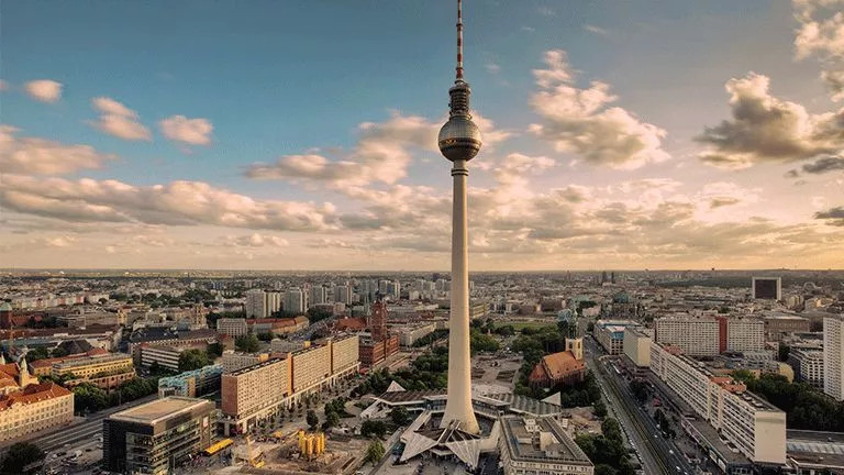 Berlin’s cityscape with the Berlin TV Tower in the foreground.