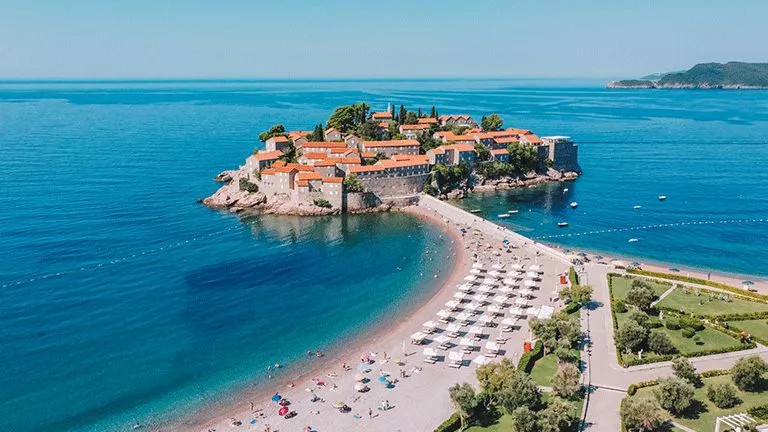 Resort on small island peninsular on the Budva Riviera.