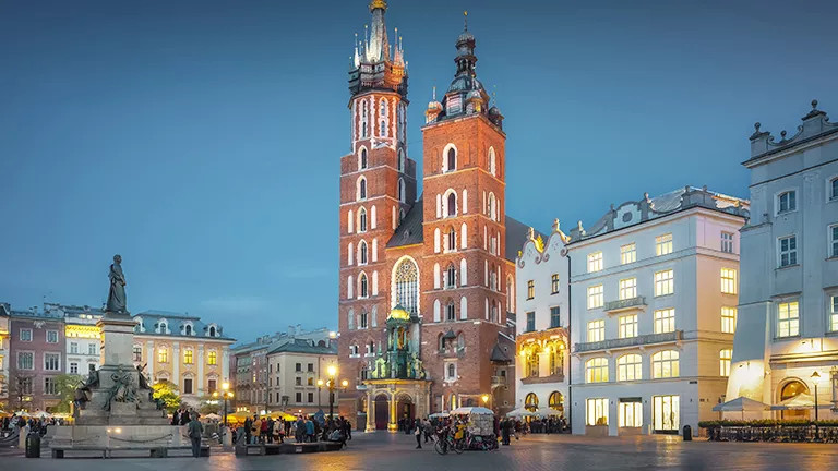 The hall towers of St. Mary's Basilica in the Main Market Square of Krakow.