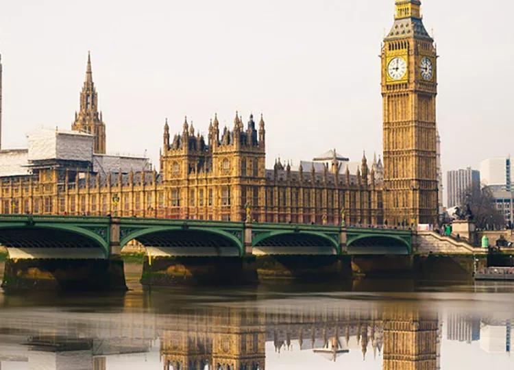 A view of the Houses of Parliament and Big Ben from the other side of the River Thames in London.