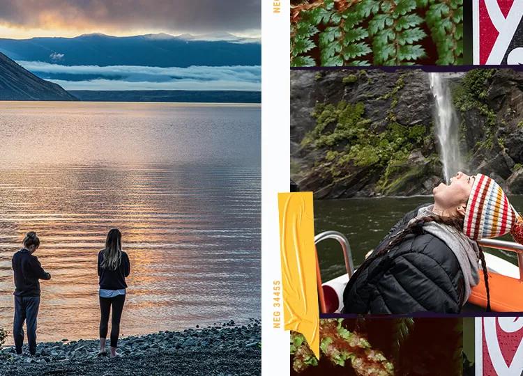 Collage of Topdeck New Zealand tour experiences, with two travelers looking out towards a beach.