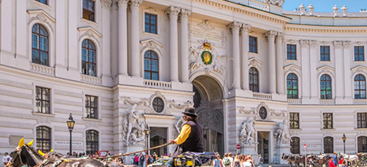 Horses and carriage outside a traditional building in Vienna, Austria.