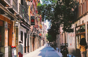 A look down Calle de las Huertas, a famous street in Madrid's Literary Quarter full of quotes of famous quotes from the works of Miguel de Cervantes engraved onto the road.