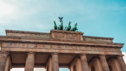 A view of the top of the iconic Brandenburg Gate in Berlin.