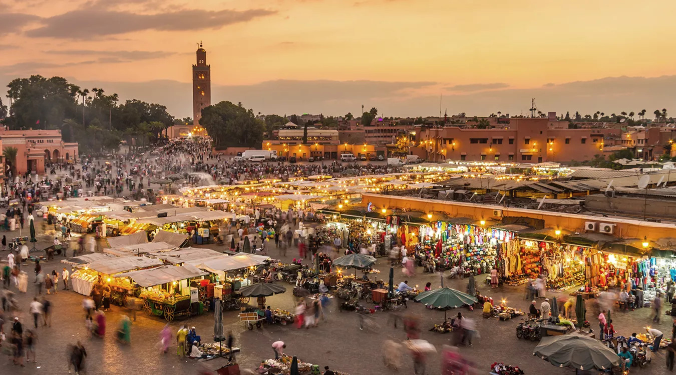View of the Jemaa el-Fnaa square in Marrakech in the early evening.