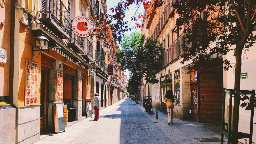 A look down Calle de las Huertas, a famous street in Madrid's Literary Quarter full of quotes of famous quotes from the works of Miguel de Cervantes engraved onto the road.