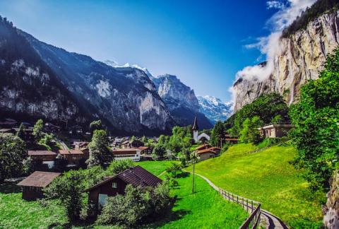 beautiful green scenery and bright blue sky in mountains