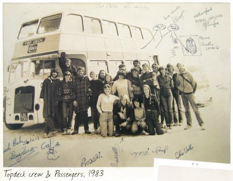 Topdeck crew and passengers in front of the Topdeck bus in 1983