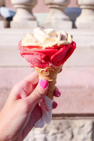 Hand holding a beautiful ice-cream cone. The ice cream is shaped like flower leaves