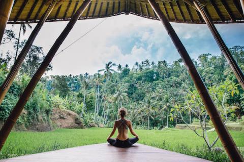 a woman doing yoga in nature