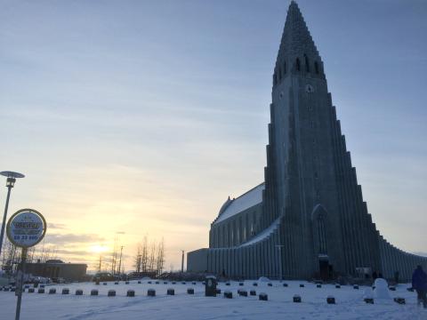 The Hallgrímskirkja church in Iceland. It is pointy and spaceship-like