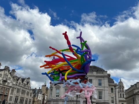Balloons being held in the sky in LGBTQ+ colors