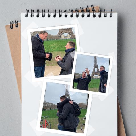 3 photos layered in a notebook of a man proposing to his partner