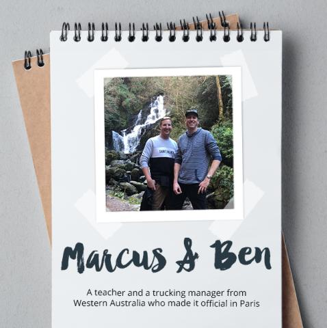 A notebook with a picture of a couple. Below, their names 'Marcus and Ben' is written below