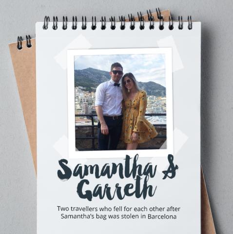 Notebook with a photograph of couple, Samantha and Gareth, and their names written underneath it