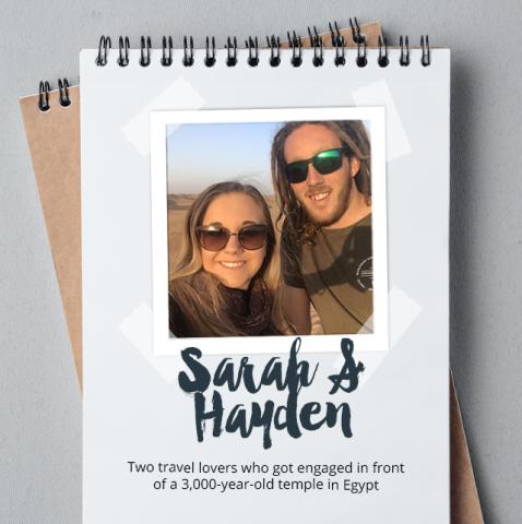 Notebook with a photograph of couple. Their names are written underneath, 'Sarah and Hayden'