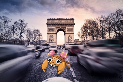 traffic driving away from arch de triomphe with the paras Pokemon
