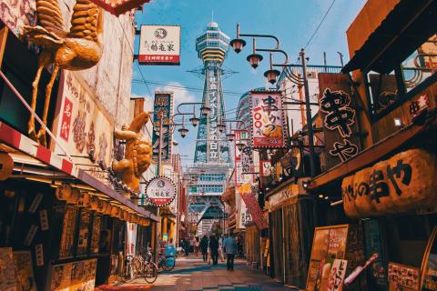 shops and restaurants on a city street in Osaka, Japan